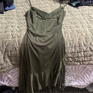 Spaghetti Strap sparkly olive green cocktail dress

High/Low Faux Wrap style